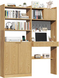63 Tall Computer Desk with Hutch Fluted Wood Home Office Desk with Charging Station Drawer &amp Storage Cabinet Oak Workstation for Work &amp Study