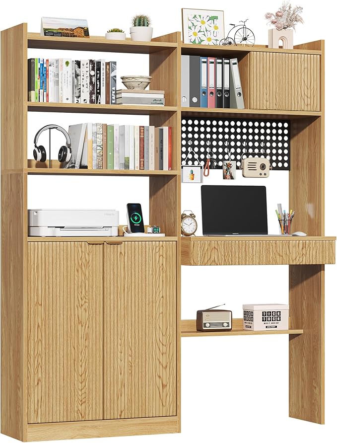 63 Tall Computer Desk with Hutch Fluted Wood Home Office Desk with Charging Station Drawer &amp Storage Cabinet Oak Workstation for Work &amp Study