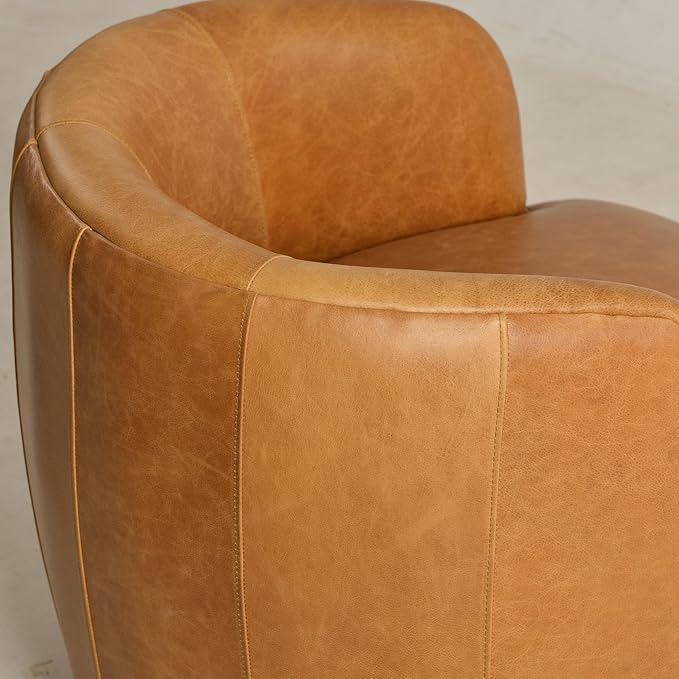KINWELL 100% Top Grain Genuine Leather Swivel Barrel Armchair No Assembly Modern Upholstered Leather Swivel Accent Chairs with Toss Pillow for Living Room Office Lounge Camel