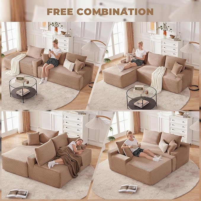 104'' Corduroy Boneless Couch for Living Room Modular Cloud Sectional Couches with Deep Seat Comfy Fluffy Sofas with L-Shaped ChaiseNo Assembly Required2PC Free Combination (Pink)