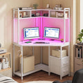 Corner Desk 35.4 W x 63 H White Office Desk and Small Gaming Desk with Hutch &amp LED Lights Computer Desk with Drawers for Storage &amp Shelves and Hook for Small Space White