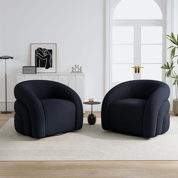 Boucle Swivel Accent Chair No Assembly Small Comfy Round Barrel Armchair for Living Room Bedroom Reading Waiting Room (Navy Blue Set of 2)