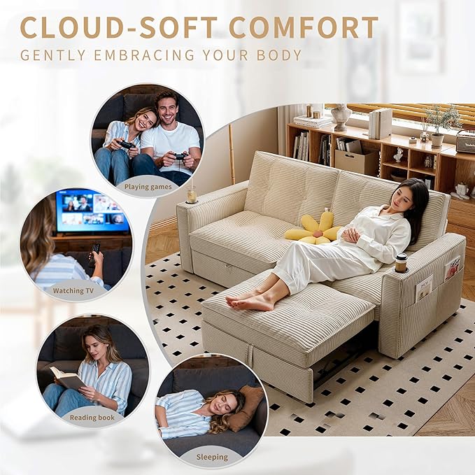 73.2 inch 2-in-1 Convertible Sofa Bed with Cup Holder | Space-Saving Sleeper for Small Apartments Dorms &amp Offices | Guest Ready in Seconds (White+Corduroy)
