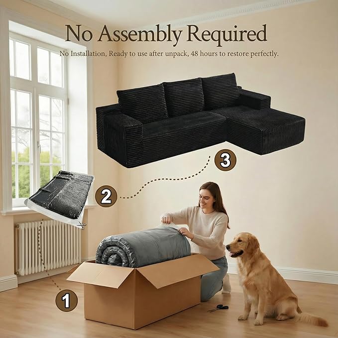 Boneless Couch for Living Room No Assembly Required Cloud Couch Modular Sectional Sofa with Plush Corduroy Fabric Minimalist Oversized L-Shaped Couch with Chaise Fluffy Pillows and Cushion.