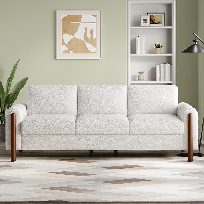 Christopher Knight Home Yadil Teddy Fleece Upholstered 3 Seater Sofa Couch Wooden Home Sofa Living Room Comfy Cloud Couch for Bedroom Home Office Cream White