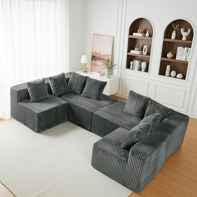 131 Cloud U-Shaped Sectional Sofa Modular Boneless Couch with Chaise4-Seater Couch for Living RoomPlush Corduroy Fabric No Assembly Required (Grey)