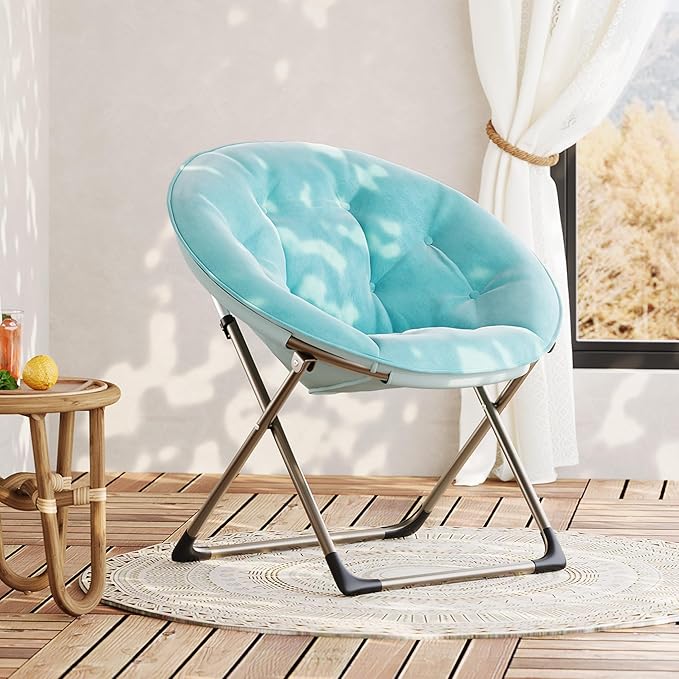 Garvee Saucer Chair Comfy Chair Faux Fur Lounge Moon Chair with Folding Metal Frame Oversized Plush Foldable Flower Accent Seat for Adults Teens Bedroom Dorm or Living Room(1PCS Blue)