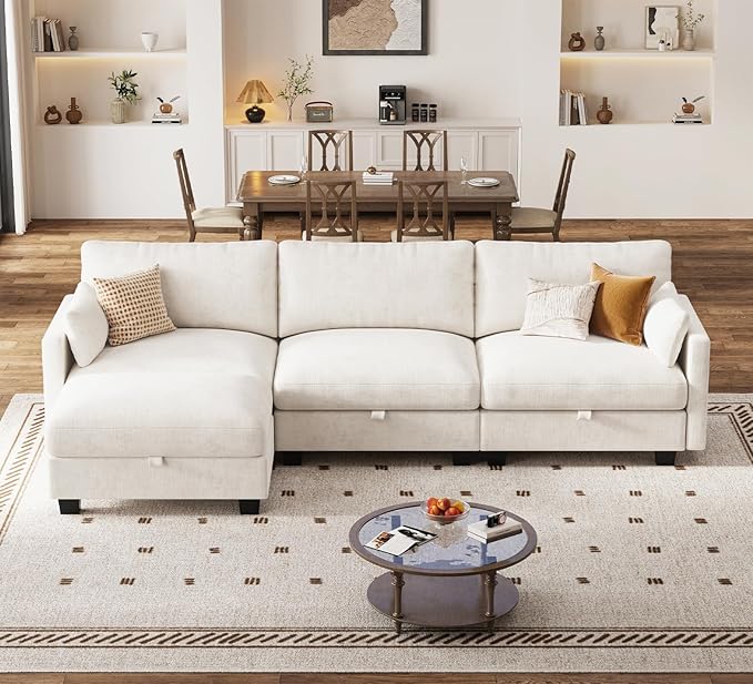 Modular Sectional U Shaped Sofa Couches for Living Room Cloud Couch with Storage Ottoman Comfy Chenille Sofa with Pillow Beige