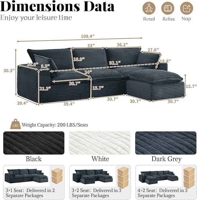 Modern L Shape Boneless Couch 109.4 Modular Sectional Sofa with Ottoman Comfy Corduroy Cloud Sofa with Deep Seat &amp Double-Layer Cushion Convertible 4 Seater Sleeper Couches for Living Room Gr