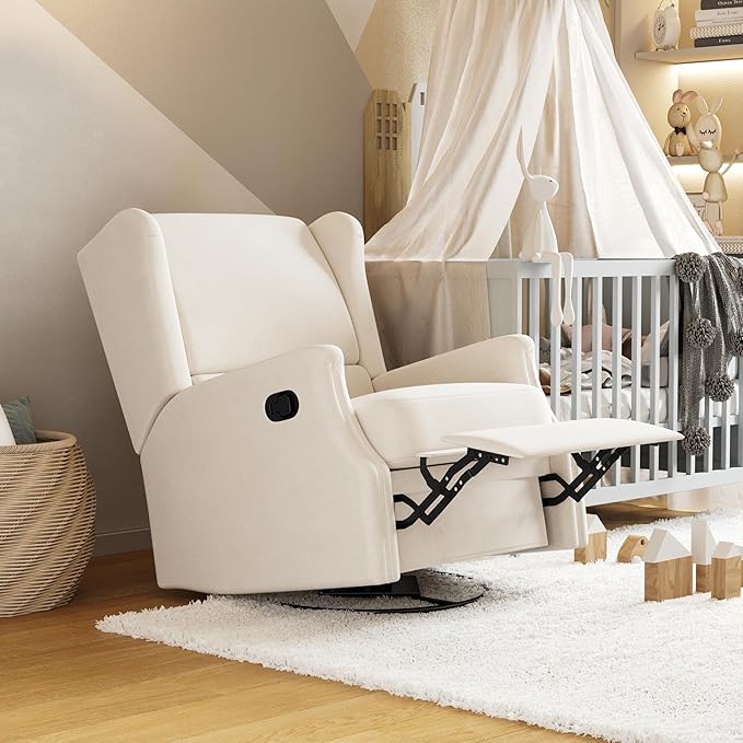 Flash Furniture Omma Swivel Glider Rocking Recliner Manual Wingback Recliner with 360 Degree Swivel for Living Room Bedroom or Nursery Upholstered Cream