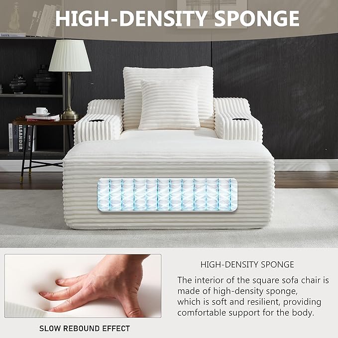PELUMY 67 Oversized Chaise Lounge Sofa Bed Corduroy Boneless Sleeper Sofa with 2 Pillows &amp 2 Cup Holders Plush Cloud Couch for Living Room No Assembly Required (White)