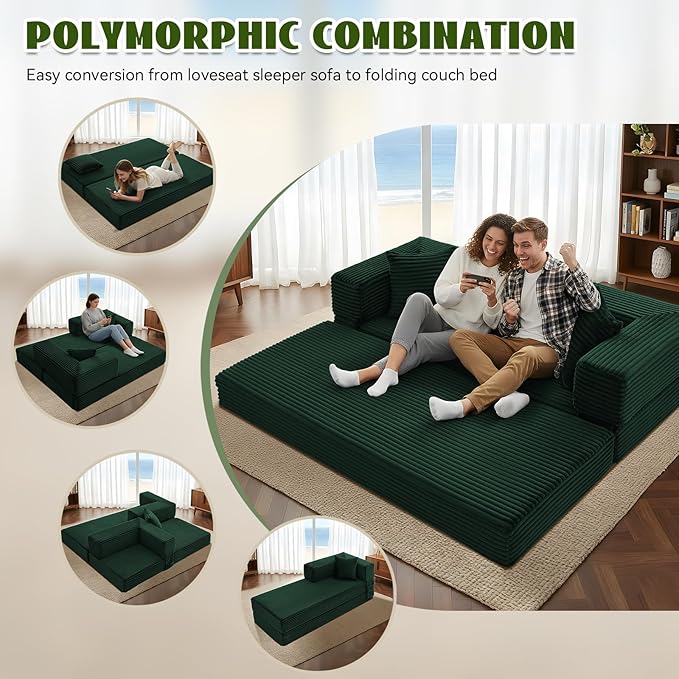 5-in-1 Folding Convertible Sofa Bed 78 Inch Corduroy Boneless Couch Loveseat Sleeper with Pull Out Bed Floor Sofa Modular Futon Couch for Living Room Small Place No Assembly Deep Green