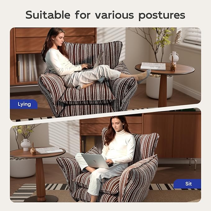 Chenille Accent Chair with Lumbar Pillow Brown Stripe Wide Armrests Deep Seat 7 Inch High-Density Foam 350 lbs Capacity