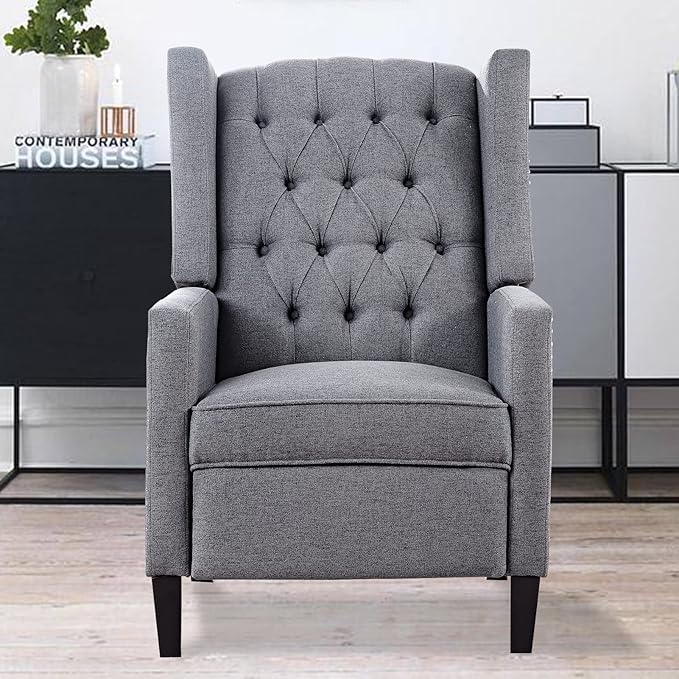 Gray Recliner Chair for Adults Accent Wingback Chairs Living Room Chair Mid-Century Modern Fabric Recliner Button Tufted Club Chair Upholstered Reclining Reading Arm Chair 27
