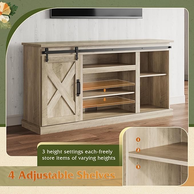 WLIVE Farmhouse TV Stand for TVs up to 65 Modern Media TV Console with Sliding X-Shaped Barn Doors Entertainment Center with Storage Cabinets for Living Room Grey Oak