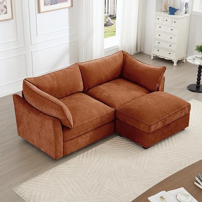 Modular Sectional Sofa with Pull Out Storage Drawers 78.7 L-Shaped Comfy Chenille 2-Seat Sofa with Storage Ottoman Upholstered Deep Loveseat Couch with 2 Pillows for Living Room Orange