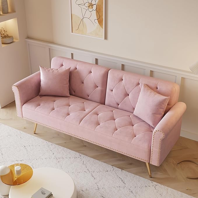 Convertible Futon Sofa Bed  Adjustable Sleeper Couch Modern Velvet Tufted Recliner Reversible Loveseat Folding Daybed Guest Bed Sofacama w/ Nailhead Trim and Golden Metal Legs for Living Room Office