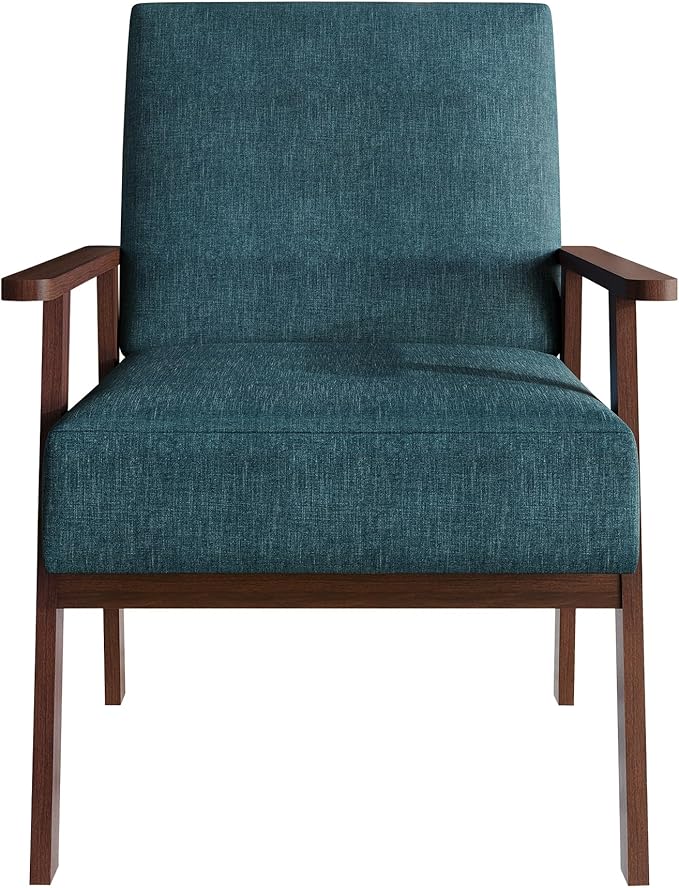 Mid-Century Modern Accent Chair Linen Upholstery Wooden Armrests Cushioned Seat Easy Assembly Blue