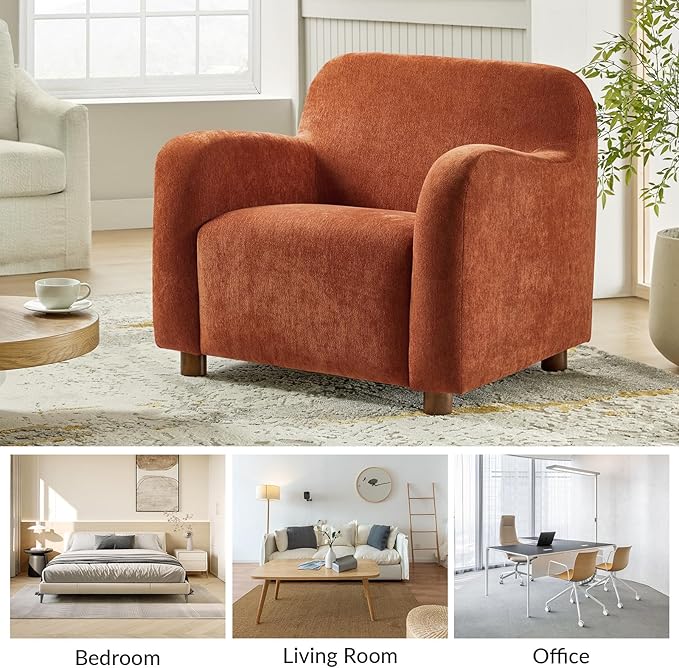 HULALA HOME Modern Accent Chair with Solid Wood Legs Creamy Style Lamb Wool Single Sofa Chair Comfy Upholstered Lazy Arm Chair for Living Room/Bedroom/Lounge Rooibos