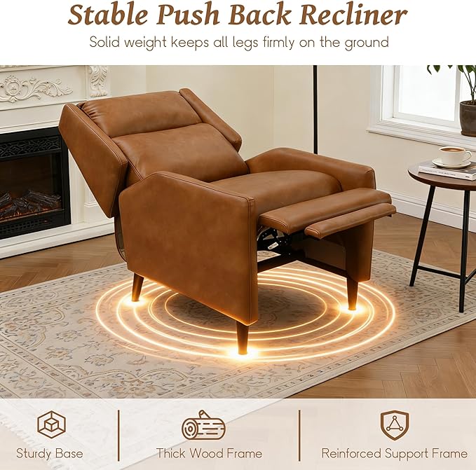 leovanni Push Back Recliner Chair Faxu Leather Upholstered Recliner with Adjustable Backrest and Footrest Modern Comfy Reclining for Living Room Bedroom Small Spaces Brown