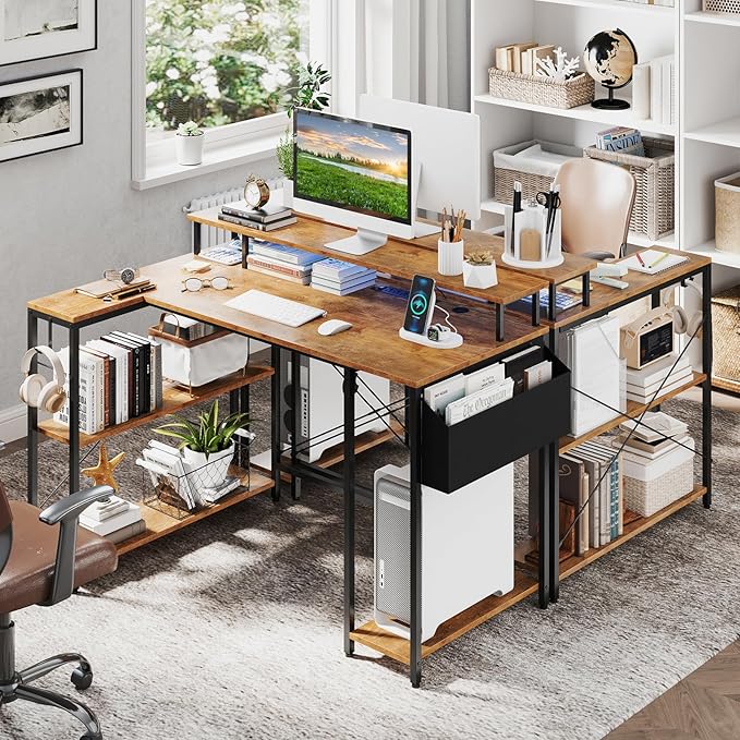 L-Shaped Gaming Desk with LED Lights &amp Power Outlets 48 Computer Table with Storage Shelves Monitor Stand Home Office Desk with Metal Frame Rustic Brown/Black (Rustic Brown)