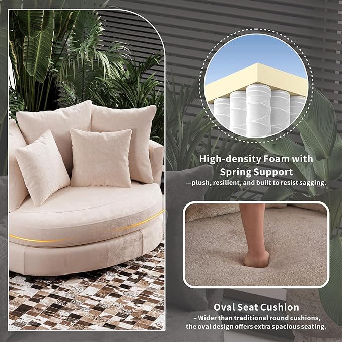 54.9''W Oversized Accent Barrel Chair Upholstered Chenille Comfy Couch Sofa with 5 Pillows for Bedroom Living Room Apartment Studio Wheat.