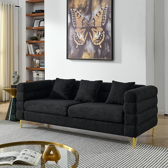 Modern Sofa Couch 81 W Teddy Bouclé Oversized Loveseat Cloud Sofa Upholstered Tufted Comfy Deep Seat Couch with Gold Legs &amp Pillows for Living Room Bedroom Office Apartment((3 Seater Black)