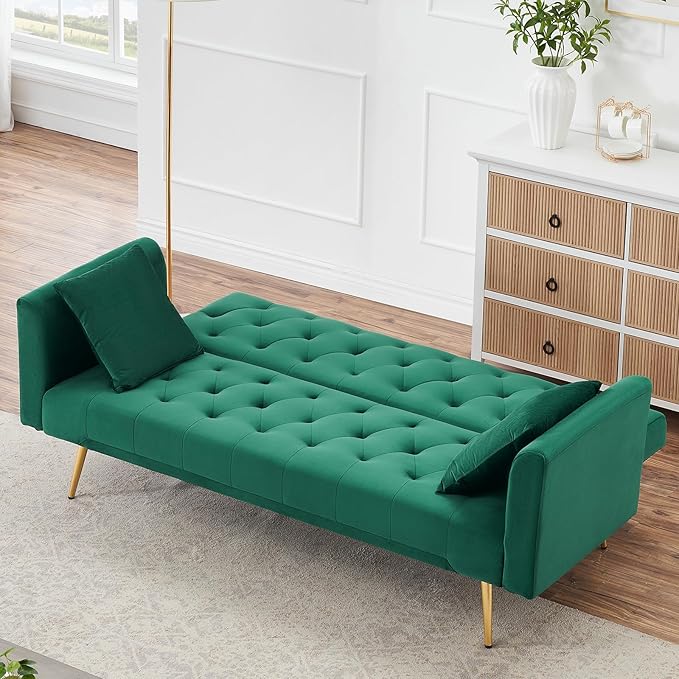 71 Modern Velvet Sofa Bed Futon Convertible Sleeper Couch with Adjustable Backrest Tufted Recliner Loveseat with Golden Chrome Legs &amp 2 Pillows for Small Spaces Living Room Apartment (Green)