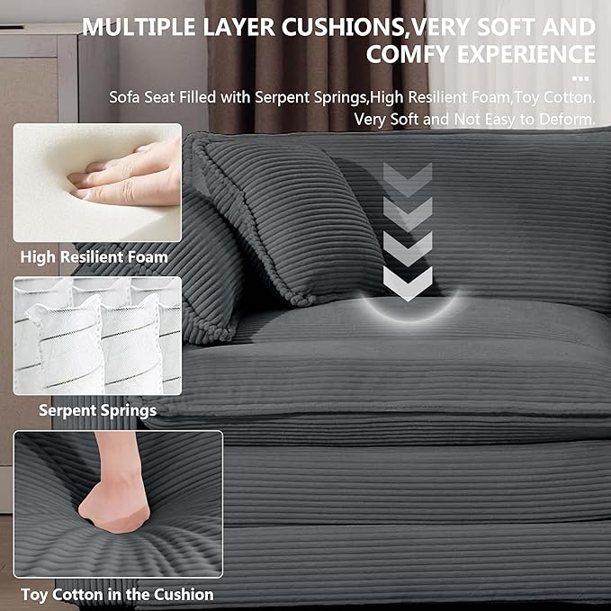 Aoowow Corduroy 3 Seater Sleeper Couch with OttomansLarge Cloud Couches for Living RoomTufted Modular Sectional Cloud Sofas Deep SeatOversized Chaise Lounge Sofa (Grey 3 Seater + 3 Ottoman)