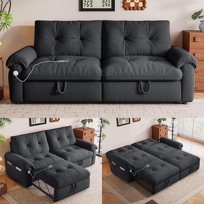 77 Queen Size Sleeper Sofa Bed Convertible Pull Out Couch with Velvet Fabric 3-in-1 Loveseat L Shaped Couch Bed with Adjustable Backrest Side Pocket &amp USB Ports for Living Room Apartment