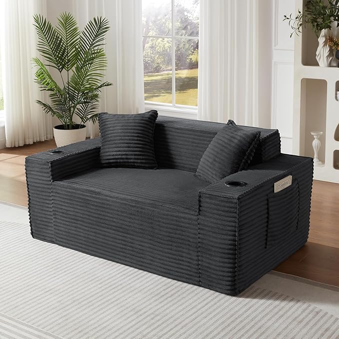 Cloud Loveseat Sofa Small Couch Boneless Couch with Cup Holders &amp Side Pocket Comfy Foam Bean Bag Sofa Chair Modern Fluffy Couches for Living Room Bedroom Small Space No Assembly(Grey 61.02