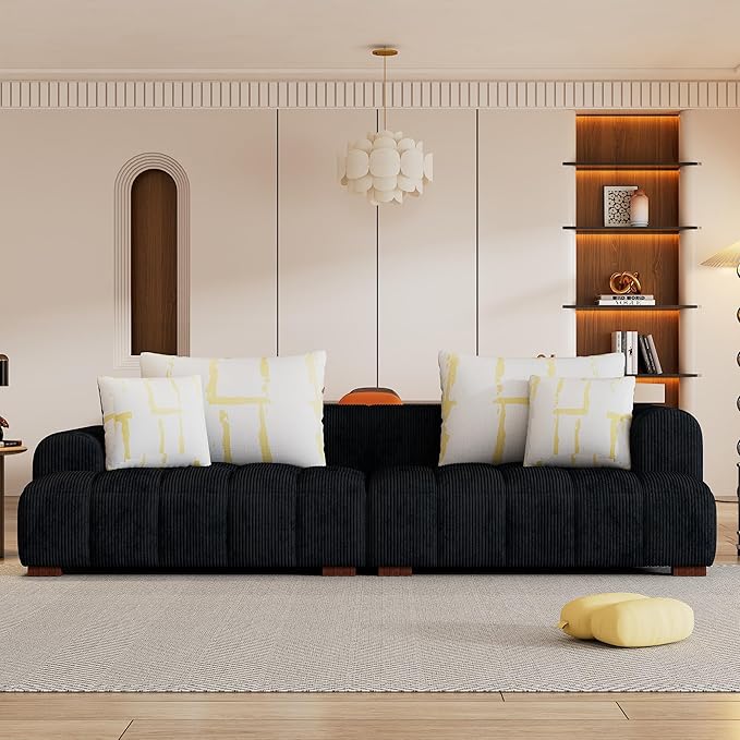 Modern Living Room Sofa Cozy Bedroom Couch 4 Pillows &amp Rubber Wood Legs Black