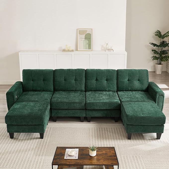P PURLOVE Modern Sectional Sofa Couch Pull-Out Sofa Bed Versatile Sleeper with Two Movable Ottomans USB Ports and Side Tables for Living Room Apartment (Green)