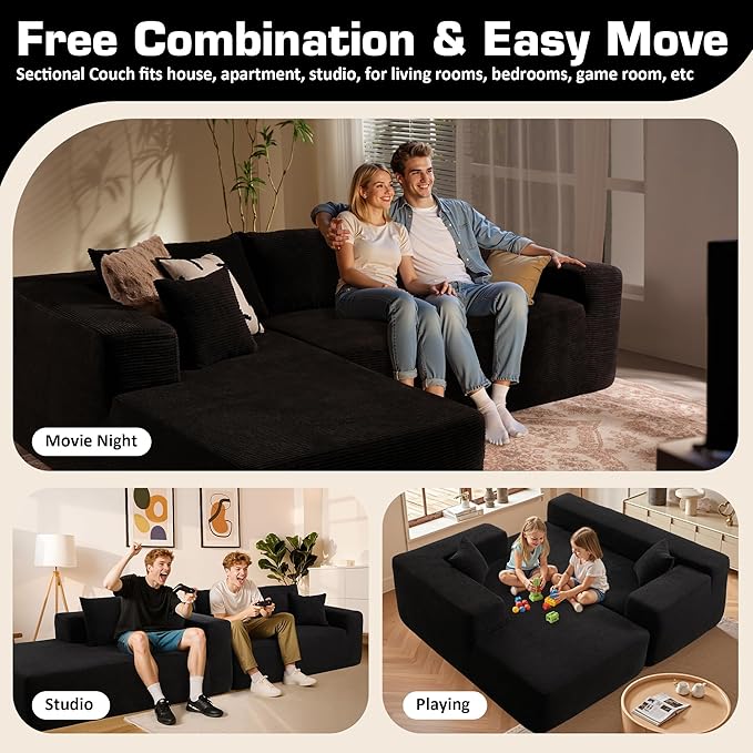 106 Cloud Sectional Couch with Chaise LoungeL Shaped Modular Modern SofaComfy Corduroy Fluffy Sofa with Deep SeatNo Assembly Required Couch for Living Room(LeftStripe CorduroyBlack)