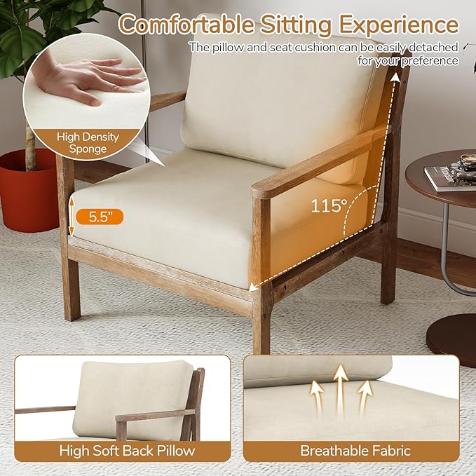 Giantex Mid Century Modern Accent Chair Set of 2 Wooden Arm Chair w/Solid Wood Frame Removable Seat Cushion &amp Pillow Vintage Comfy Reading Chair for Living Room Bedroom Study