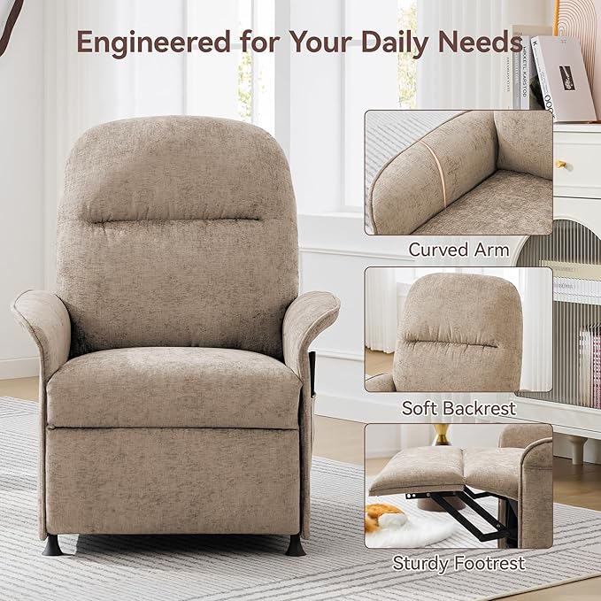 Power Recliner Chair for Adults Modern Reclining Single Sofa with Curved Armrest Comfy Ergonomics Electric Recliner with Side Pockets Adjustable Reading Chair for Living Room Bedroom Chenille Tan