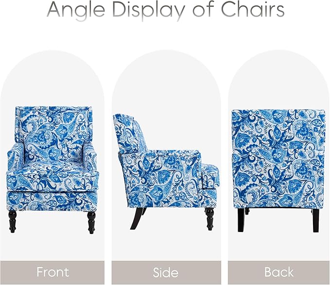 Vintage Upholstered Mid Century Accent Armchair with Solid Wood Frame &amp Plush Cushion for Living Room Bedroom Office - Blue Porcelain Print