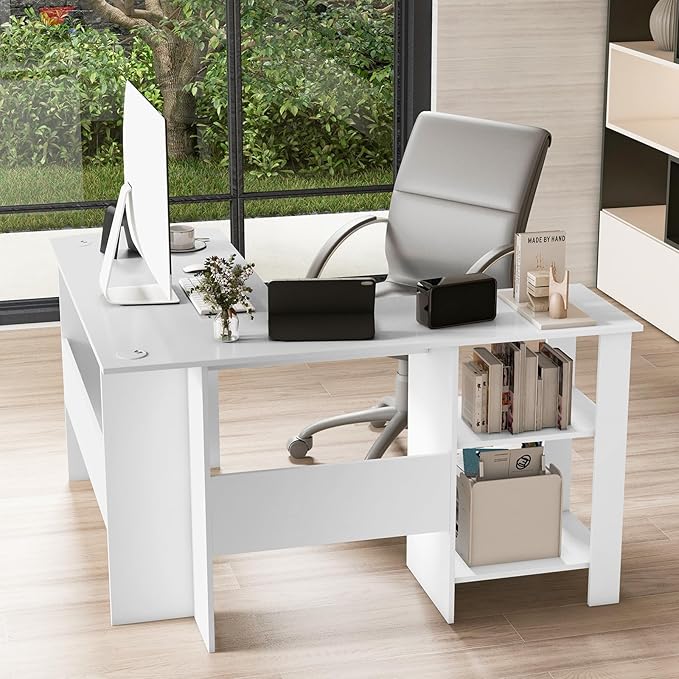 Nightcore 51 Inch L Shaped Desk with Storage Corner Desk with Open Shelves and CPU Stand Modern Office Computer Desk for Gaming Work Study Home Office White