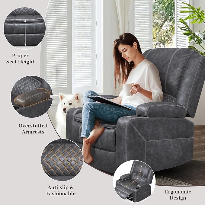 Recliner Chairs for Adults Oversize Manual Reclining Chair with 2-Tier Cushions Dutch Velvet Recliner Chair with Hidden Storage Space Living Room Recliner Chairs with Cup Holders - Grey