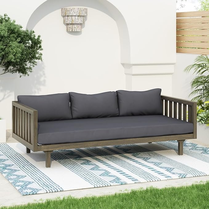 Merax Solid Acacia Wood Couch Chaise Lounge Chair Indoor 3 Seater Daybed Sofa Couches with Cushions &amp Pillow Heavy Frame Day Bed for Living Room Office Outdoor Balcony Patio Water Resistant