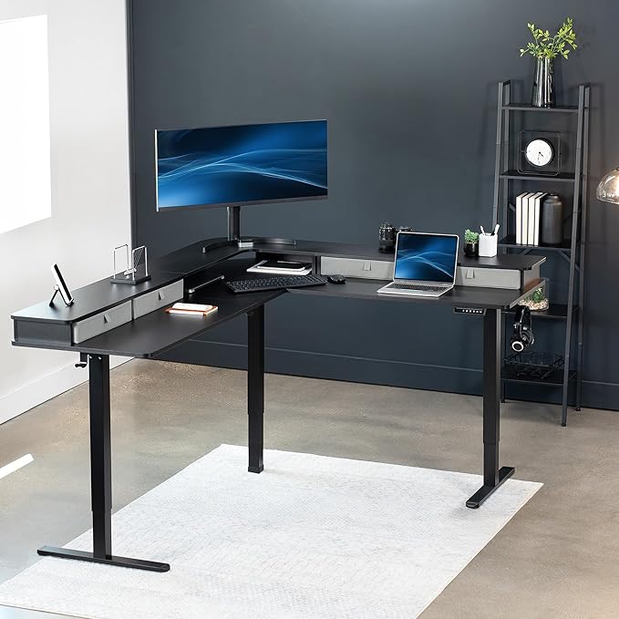 VIVO Electric Mobile Corner 75 x 63 inch 2 Tier Stand Up L-Shaped Desk Height Adjustable Memory Controller Storage Drawers Black Top Black Frame DESK-E3CVB-75