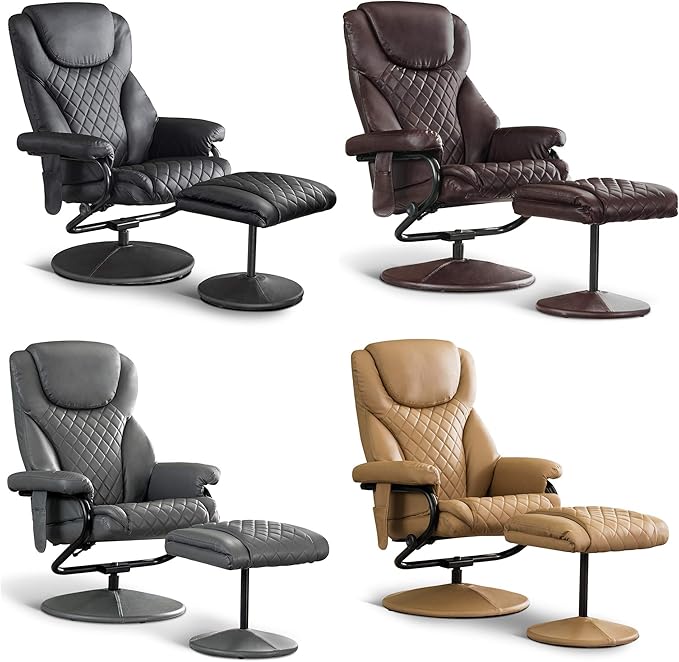 MCombo Recliner with Ottoman Reclining Chair with Massage 360 Swivel Living Room Chair Faux Leather 4901 (Cognac)