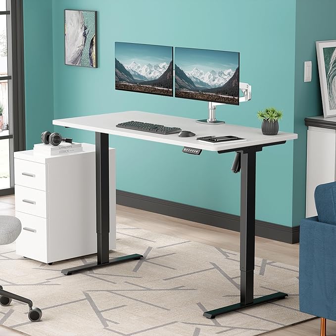 48 x 24 in One-Piece Electric Standing Desk Adjustable Height Sit to Stand Up Desk for Home Office Work &amp Study Black Frame &amp White Desktop (2 Packages)