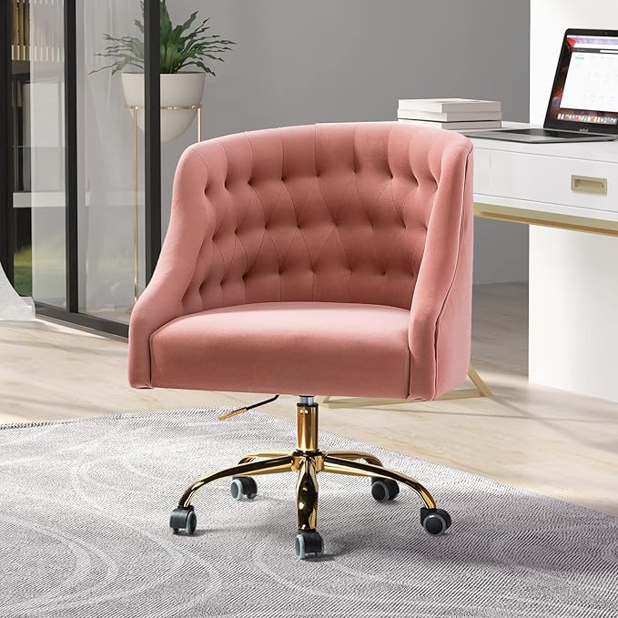 Velvet Home Office Chair with Gold Base Comfortable Modern Cute Desk Chair Adjustable Swivel Task Chair for Living Room Bedroom Vanity Study Pink