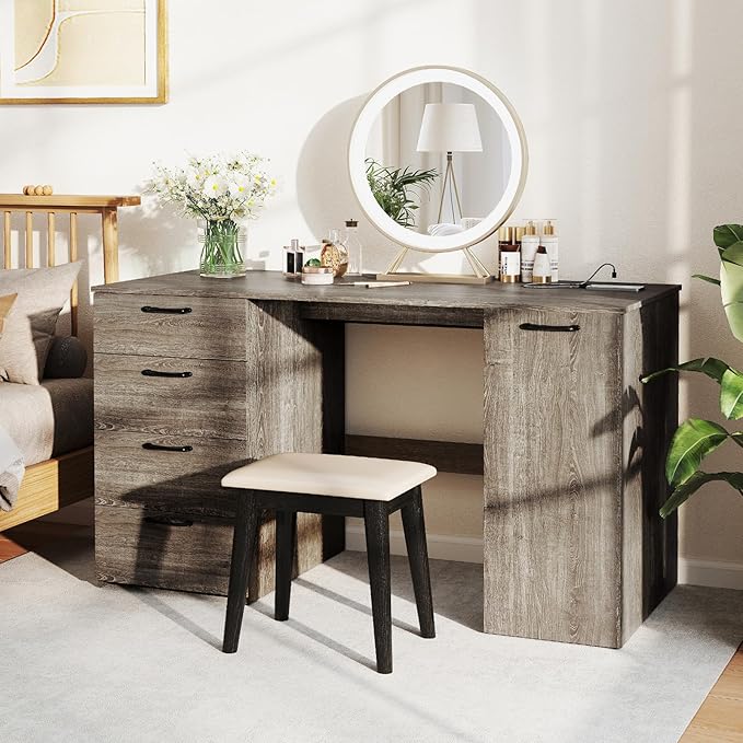 Computer Desk with Drawers 53’’ Study Table with Storage Cabinet &amp Power Outlet Wood Makeup Vanity Table Modern Writing Desk for Study Home Office Living Room Bedroom (Gray 53'')