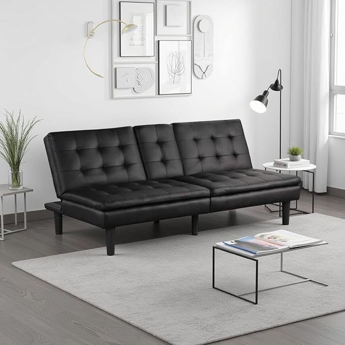 Benzara Berie Futon Sofa Bed Drop-Down Tray Cupholder Black Faux Leather
