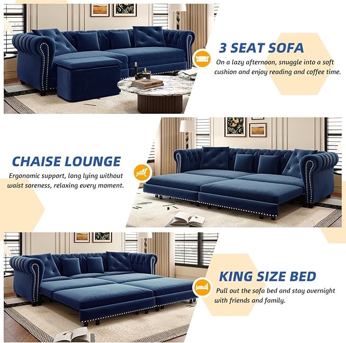 3-in-1 Pull Out Sofa Bed - 89 King Size Convertible Sleeper Sofa Large Velvet 3-Seater Sofa with Movable Ottoman Sleek Rivet Detailing Tufted Design Pull Out Couch (Blue)