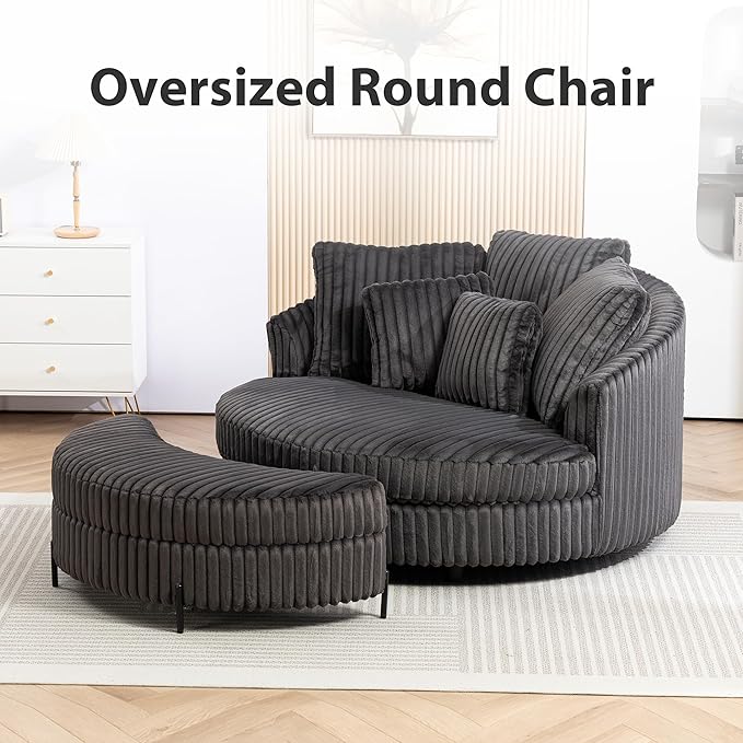 Chifee &amp Vingol 59.8 W Oversized Accent Round Chair Large Barrel Chair with Ottoman &amp Movable Wheels &amp 5 Pillows Faux Fur Fabric - Charcoal