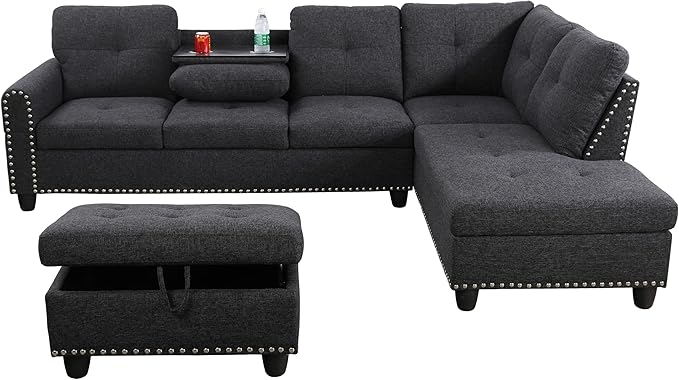 FONTOI L Shaped Sectional Couch with Otttoman 97 Sectional Sofa for Living Room Flannel Modular Couches with Cup Holders for Bedroom Apartments Black Grey