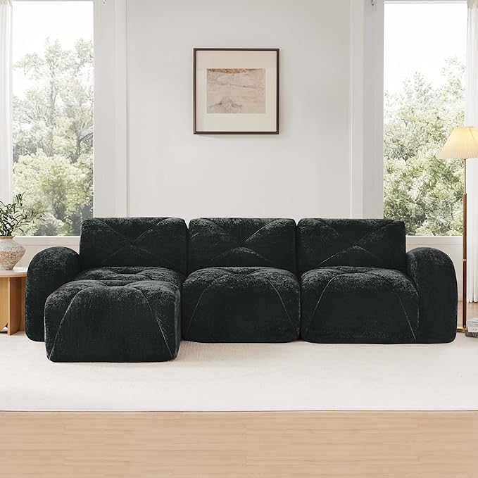 110-Inch Cloud Sectional Couches L-Shaped 4 Seat Boneless Modular Sofa with Ottoman Velvet Tufted Upholstered Boneless Couch Floor Full Foam Sofas for Living Room